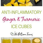 Ginger root, turmeric powder, and ginger turmeric ice cubes in a tray