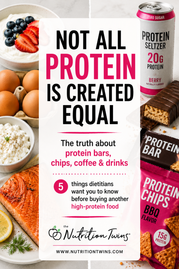 Infographic from The Nutrition Twins® explaining that not all protein is created equal. The graphic discusses protein bars, protein chips, protein coffee, protein seltzers, and other high-protein foods, highlighting five important dietitian-approved factors to consider before purchasing protein products for weight loss, muscle health, healthy aging, blood sugar balance, and satiety.